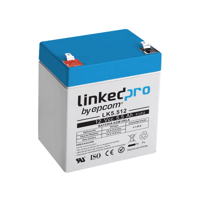 Batería 12 V / 5.5 Ah / UL / Vida útil promedio 5 años / Tecnología AGM / Para uso en equipo electrónico, Alarmas de Intrusión / Incendio/ Control de acceso / Video Vigilancia / Terminales F1